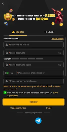188PKR Game APK homepage having necessary information options for account setup