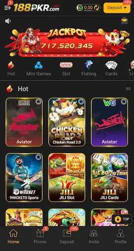 188PKR Game app homepage showing jackpot banner, Aviator, slots, fishing, cards, and sports games