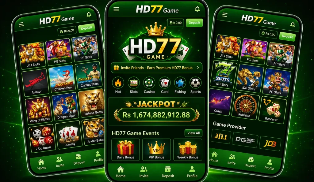 HD77 Game mobile casino app with green, yellow and white interface showing slots, jackpot and deposit screen