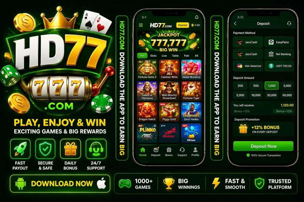 HD77 casino app interface in green yellow theme with jackpot games and deposit options