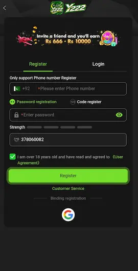 Y222 Game Download registration page screenshot having mobile number and password options