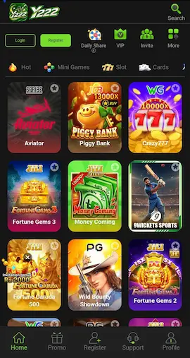 Y222 Game APK interface showing casino-style games, Aviator, Piggy Bank, Crazy 777, Fortune Gems, Money Coming, and sports games.