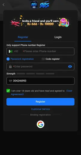 98S Game APK registration screen with mobile number, password and code options