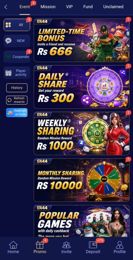 E444 Game APK promotion page with different rewards and bonuses