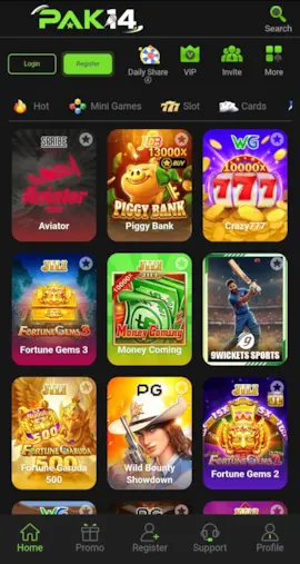 PAK14 Game Download APK (Free Version) For Android 2026 2 PAK14 Game APK home interface having casino style games and categories