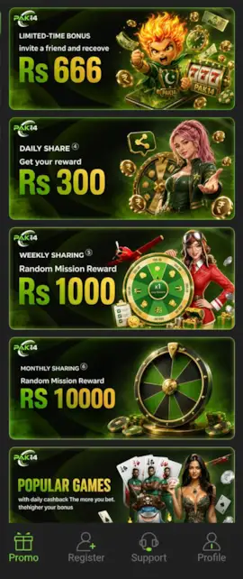 PAK14 Game Download APK (Free Version) For Android 2026 3 PAK14 Game Download promotion page having banners of rewards and bonuses