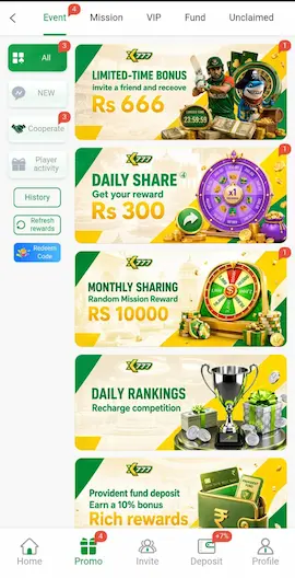 XK777 Game APK promotion page with daily rewards and bonus options