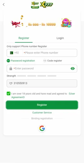 XK777 Game APK registration page with mobile number, password and code options.