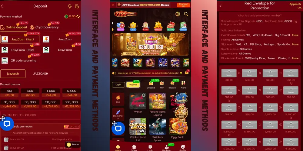 win 7799 game casino app interface showing payment methods deposit options promotions and slot games