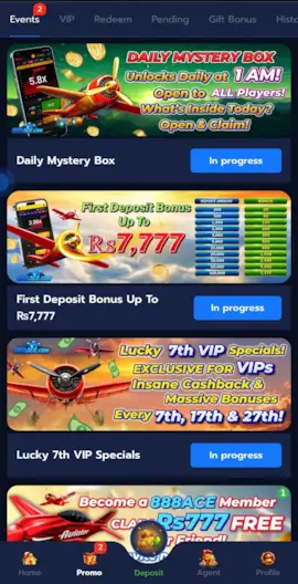 888ACE Game APK promo screen showing Daily Mystery Box, First Deposit Bonus, and Lucky 7th VIP Specials
