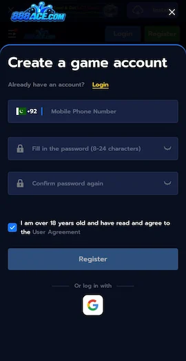 888ACE Game registration screen showing mobile number, password, confirm password, and Register button