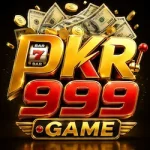 PKR999 Game 3D logo with gold and red lettering, slot machine design, and flying money