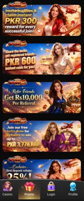 PKR999 Game APK Trending, Trustworthy App in Pakistan 2026 3 PKR999 Game promotional banners showing referral rewards, bonuses, lucky draws, and mobile app offers