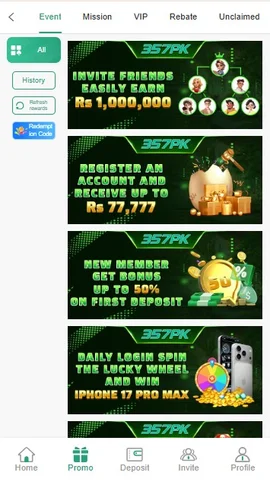 357pk game promotion page showing bonuses and rewards for players in beautiful interface