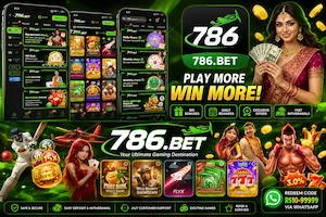 786 Game APK promotional banner featuring the 786 BET logo, mobile game screens, casino-style games, and gaming characters