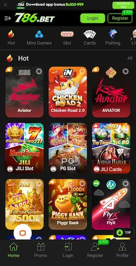 Alt Text: 786 Game APK download app interface showing Hot games, Aviator, Chicken Road, Fortune Gems, Piggy Bank, and other game options