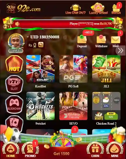 92e Game APK login screen and mobile gaming dashboard interface
