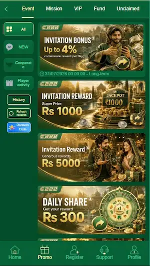 C222 Game promotion page showing rewards and bonuses for extra earning.