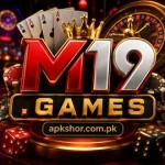 M19 Game Review 2026-Features, Download Guide and Safety Tips 14 3D M19 Game logo in red and silver with a casino-style background featuring playing cards, roulette wheel, dice, poker chips, and apkshor.com.pk branding.