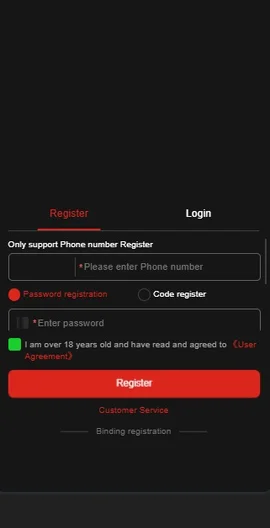 M19 Game APK registration screen with phone number, password fields, register button, and login option for Android users.
