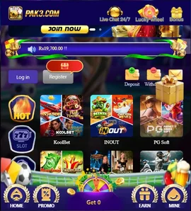 PAK3 Game APK Download-New Earning App in Pakistan 2026 2 PAK3 Game APK home screen showing slot games, Aviator, deposit options, bonuses, and navigation menu on Android.