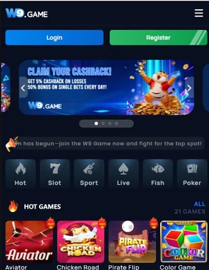 W9 Game home screen showing login, registration, game categories, and featured games.