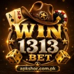 Win1313 Game APK Download:Real and Fast Gaming Platform 2026 6 Win1313 Game 3D casino-style logo featuring a cowboy hat, gold lettering, poker cards, dice, poker chip, and APKShor.com.pk branding.