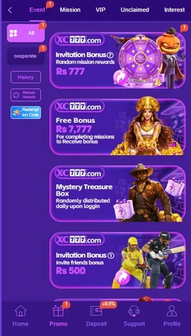 XC777 Game Download Apk-Latest and Top Rated Gaming App 4 XC777 Game promotion page showings bonuses and rewards for new players in beautifully designed banners.