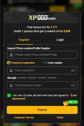  Image of the XP777 Game registration screen showing phone number, password fields, user agreement, and Register button for creating a new account.