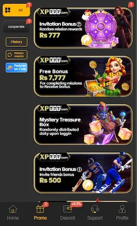 Image of the XP777 Game app promo section featuring daily rewards, invitation bonuses, mystery treasure boxes, and redeem code options.