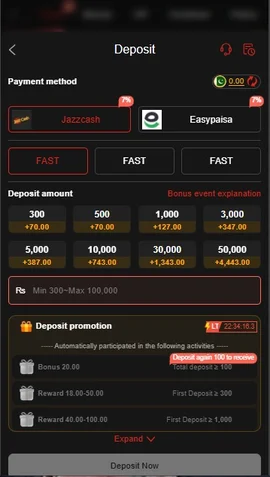 M19 Game APK deposit screen showing JazzCash, Easypaisa, deposit amounts, bonuses, and deposit promotion offers.