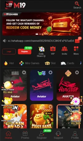 M19 Game APK home screen showing casino games, Aviator, Piggy Bank, promotions, rewards, and navigation menu on Android.