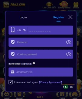 PAK3 Game APK Download-New Earning App in Pakistan 2026 3 PAK3 Game registration page showing phone number, password, invite code, and privacy agreement fields.