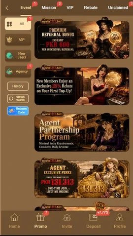 Win1313 Game img showing promotion program,bonuses and rewards with premium designed banners