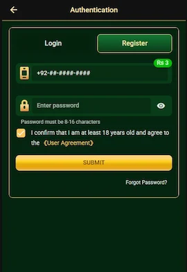 6R Game apk registration page with options like phone number and password to signup