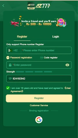 AZ777 Game Login register page with mobile number, password and code options for making account