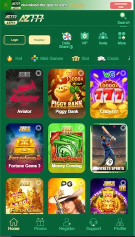 AZ777 Game home page with games and games categories