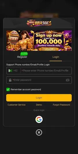 BBA566 Game Apk registration page with mobile number and password options.