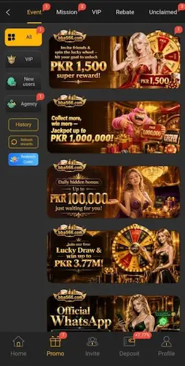 BBA566 Game Login promotion page with rewards and bonuses banners.