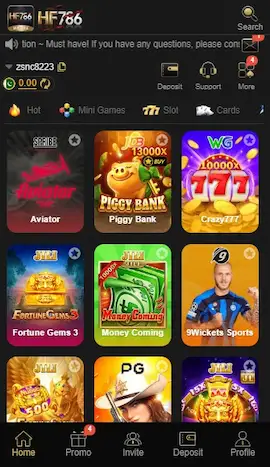 HF786 Game Apk home page with casino style games.