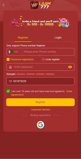 LAAM777 Game APK registration screen with phone number, password, and register options
