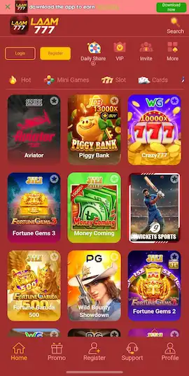 LAAM777 Game app interface showing mini games, slots, cards, Aviator, and sports games