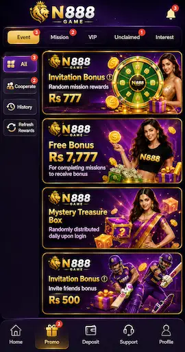 N888 Game promotional page showing bonus offers, mystery rewards, referral bonuses, and mobile navigation
