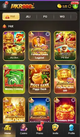 PKR999 Game app showing different casino games and game categories on a mobile screen