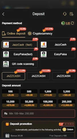 PKR999 Game deposit screen showing JazzCash, Easypaisa, QR code, and other payment methods