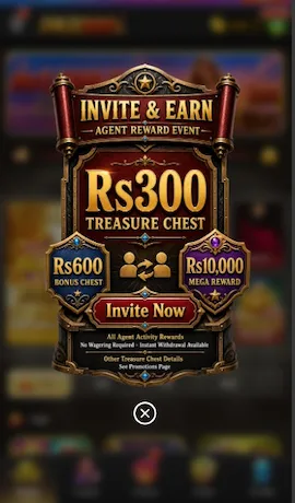 PKR999 Game invite and earn banner showing Rs300 treasure chest and bonus rewards