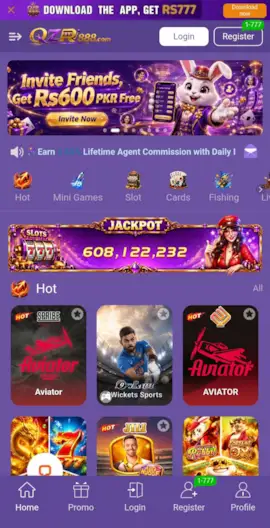 QZR888 Game APK first page with games like casino and a banner of bonuses for inviting friends