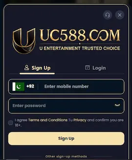 UC588 Game registration page screenshot with mobile number and password options to enter
