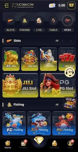 UC588 Game home page screenshot with slot and casino style games