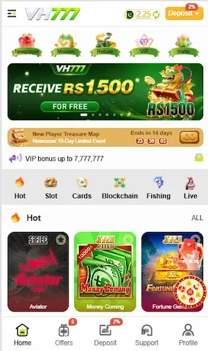 VH777 Game home page showing casino games and a  reward banner.